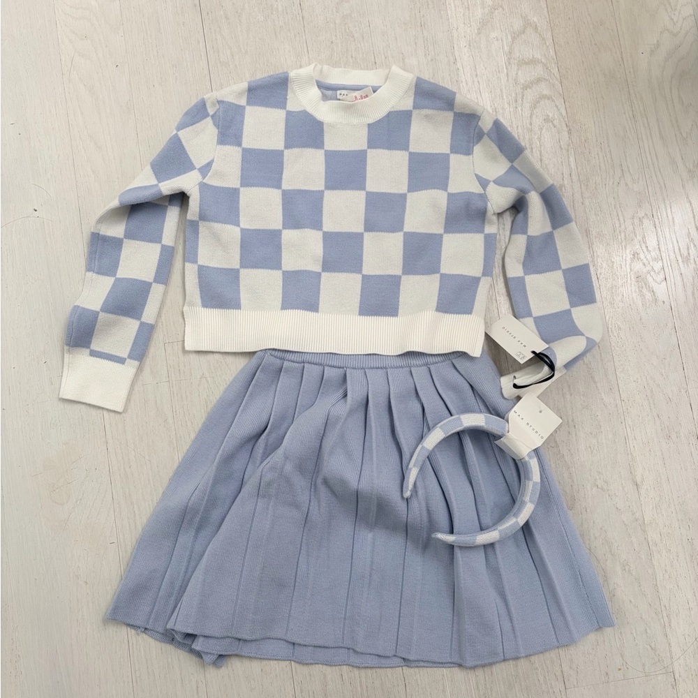 Light Blue & White Checker Knit Sweater and Skirt (NWT)